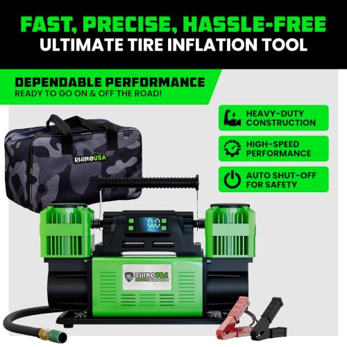 Rhino USA Dual Tire Air Compressor - 12V Portable Pump with Pressure Gauge
