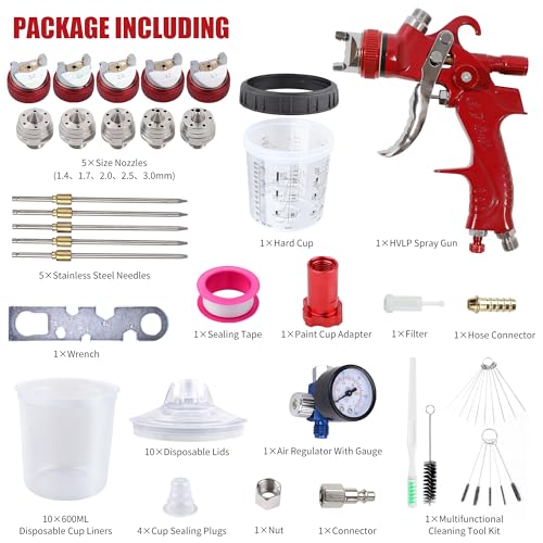 HVLP Paint Gun with 10 Disposable 600ML Paint Cups & 5 Nozzles - color: SCARLET