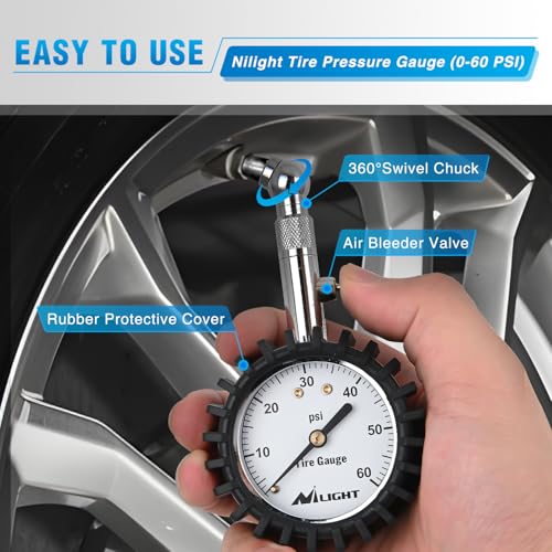 Nilight Tire Pressure Gauge 60PSI Stainless Steel Air Chucks - color: 60psi Tire Gauge