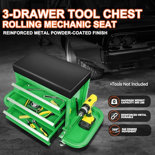 PM PERFORMOTOR 3-Drawer Tool Chest Rolling Mechanic Seat with Tool Trays,350lbs Max Weight Capacity, Green,PM-TOL-RST1-GR - color: Green