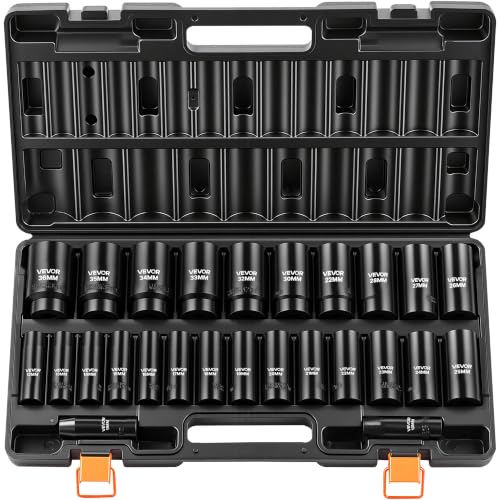 VEVOR 1/2" Drive Impact Socket Set, 26 Piece, Metric 10 to 36 mm - size: 1/2" 26 PCS