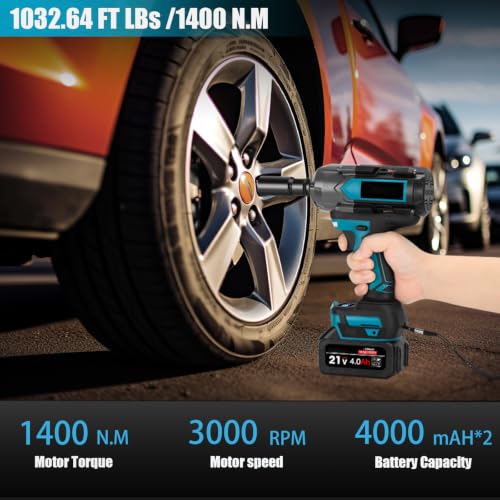 STRCEAT 1032.64ft-lbs (1400N.m) Cordless Impact Wrench, 1/2" Cordless Impact Wrench, 2x4000mAh Battery, LED Light, 7 Sockets, Impact Wrench for Pickup/Truck/Car/Heavy-Duty Jobs (Blue)