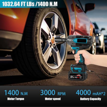STRCEAT 1032.64ft-lbs (1400N.m) Cordless Impact Wrench, 1/2" Cordless Impact Wrench, 2x4000mAh Battery, LED Light, 7 Sockets, Impact Wrench for Pickup/Truck/Car/Heavy-Duty Jobs (Blue)