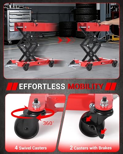 450 LBS Low Profile Transmission Jack, Heavy Duty Auto Repair Lifting Jack with Safety Straps & 4 Swivel Wheels, 7-23 Inch Height Range, Red - color: Red