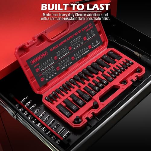 Hex Bit Impact Socket Set: 36-Piece with 4 Adapters, 1/4" 3/8" 1/2" Drive Master Allen Impact Socket Set, SAE and Metric, H5-H19 & 3/4"-5/64", Heavy Duty Storage Case, Automotive Mechanic - style: 36-Piece Hex Impact (SAE/Metric)
