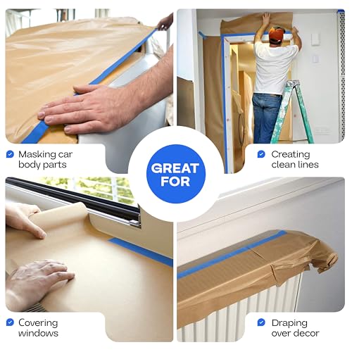Masking Paper and Tape Set - 9" x 60 Yards Brown Masking Paper (1 Roll) and 1.41" x 60 Yards Blue Tape (1 Roll) - Masking Kit for Home Improvements - Painter’s Tape with Paper - color: 09"x180', Brown, size: 1 Roll + Tool