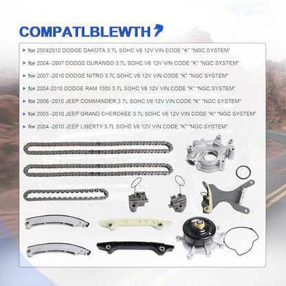 3.7L Timing Chain Kit with Water Pump Oil Pump for 2002-2010 Dodge Dakota, for Jeep Grand Cherokee, Liberty, for Mitsubishi Raider V6 Engine Timing Replacement Parts OE# 53021249AA 53021250AA - color: 3.7L Dodge Jeep