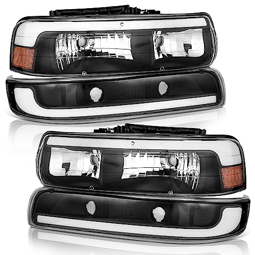 WEELMOTO Halogen Headlights Assembly for 99-02 Chevy Silverado 1500 2500 - color: Clear I Black I Amber