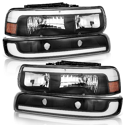 WEELMOTO Halogen Headlights Assembly for 99-02 Chevy Silverado 1500 2500 - color: Clear I Black I Amber