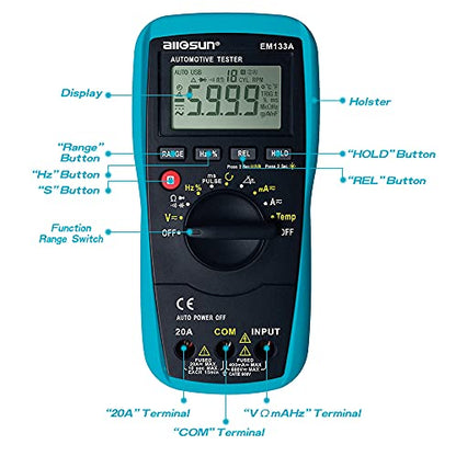allsun EM133A Auto Multimeter AC/DC Volt Ohm Amp Tester Tool