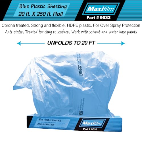 LAUCO MAXIFILM 20ft x 250 ft Roll of Blue Overspray Paintable Plastic Sheeting - 8 Micron, 0.3 Mil, Protective Corona Treated Masking Film Cover - Auto Car Painting, Bodyshop Repair, House Paint Cloth