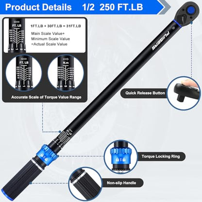 Torque Wrench 1/2 drive, 30-250 FT.LB/40.7-339 Nm, Dual-Direction Adjustable 1/2 Torque Wrench, 72-Tooth Click Dual Range Scales Wrenches for Car, Truck,Tractor - size: 1/2" 30-250 FT.LB