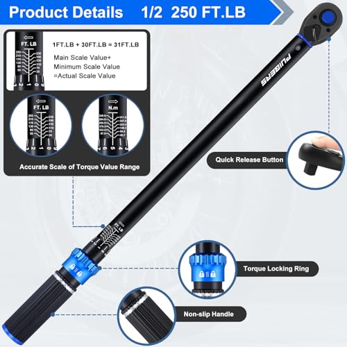Torque Wrench 1/2 drive, 30-250 FT.LB/40.7-339 Nm, Dual-Direction Adjustable 1/2 Torque Wrench, 72-Tooth Click Dual Range Scales Wrenches for Car, Truck,Tractor - size: 1/2" 30-250 FT.LB