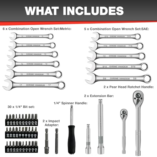 EACELIY 122Pcs 1/4" & 3/8” Drive Impact Socket Set, Ratchet Socket Wrench Set with Extention Bar, Adapter, Screw Bits,Drive Bit Holder, Spark Plug Socket,CR-V - size: 122PCS 1/4&3/8inch