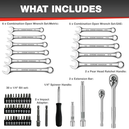 EACELIY 122Pcs 1/4" & 3/8” Drive Impact Socket Set, Ratchet Socket Wrench Set with Extention Bar, Adapter, Screw Bits,Drive Bit Holder, Spark Plug Socket,CR-V - size: 122PCS 1/4&3/8inch