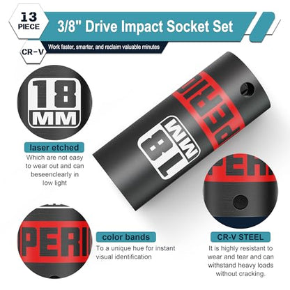 13 Piece 3/8" Drive Impact Socket Set, 7 mm-19 mm Deep Socket, Metric, 6 Point, Automotive Motorcycle and Bicycle Maintenance, Machinery Manufacturing - size: 3/8" Deep Metric