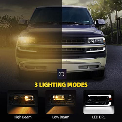DWVO LED DRL Headlight Assembly Compatible with 1999-2002 Chevy Silverado - color: Black Amber