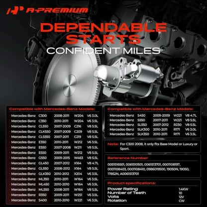 A-Premium Starter Motor 12V 1.4KW 10 Teeth CW Compatible with Mercedes-Benz
