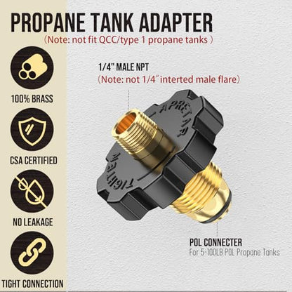 1PCS POL Propane Gas Tank Adapter Plug with Excess Flow to 1/4 Inch NPT Male Pipe Thread Fitting, 5-100 lb Propane Tank Connector Propane Adapter Fitting for Propane Hose, Regulator - 100% Solid Brass - size: POL-1PCS