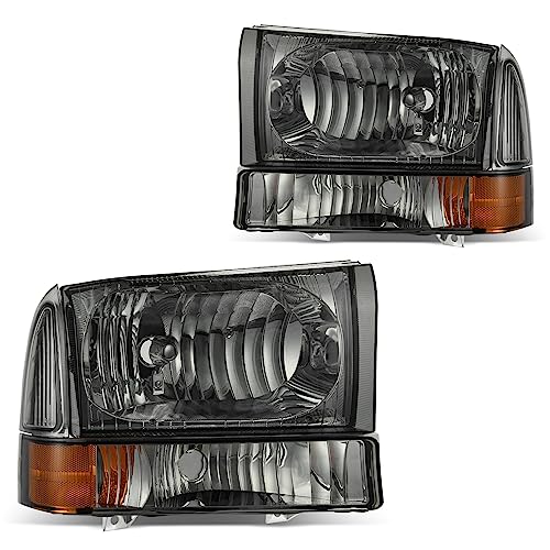 DWVO Headlight Assembly Compatible with 1999-2004 Ford F-250 F-350 F-450 F-550 Super Duty/2000-2004 Ford Excursion Pickup Truck Signal Lamps Smoked Lens Amber Reflector - color: Chrome+Smoke Lens, style: Fit 99-04 F250