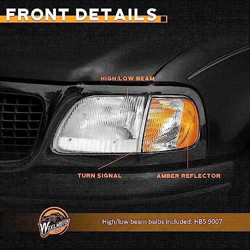 WEELMOTO Headlight for 1997-2003 F150/F250/Expedition W/Bulbs Halogen - color: Chrome Housing I Amber Reflector