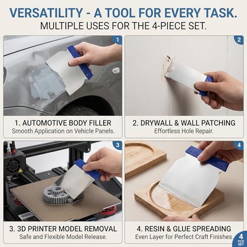 4 Pcs Metal Body Filler Spreader Set, Stainless Steel Putty Knife Kit for Bondo & Glaze, Reusable Auto Body Repair Tools - color: Blue