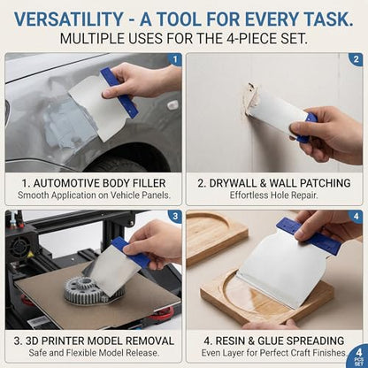 4 Pcs Metal Body Filler Spreader Set, Stainless Steel Putty Knife Kit for Bondo & Glaze, Reusable Auto Body Repair Tools - color: Blue