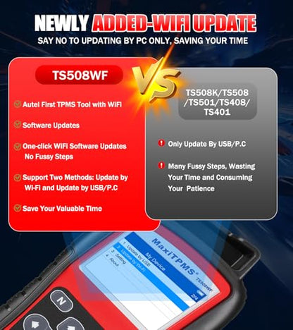 Autel MaxiTPMS TS508WFK-4 TS508WF with 4pcs MX Sensor + 4pcs Metal Valves Upgrade of TS508K TS508 Read Activate Relearn All Known Sensors Detect & Display TPMS System Faults Perform OBDII Relearns