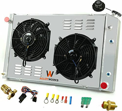 ALLOYWORKS 4 Row Radiator + Shroud + 2 x 12" Fan + Relay Fits 1973-1987 1986 Chevy C10 C20 Pickup Truck K10 K20 K30 P20 P30 R10 R20 R30 R1500 GMC Jimmy V1500 V2500 V3500 Suburban Engine Radiators