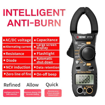 NCV Digital Clamp Meter Multimeter 2000 Counts Amp Voltage Tester Auto-ranging with AC/DC Voltage, AC Current, Resistance, Capacitance, Continuity, Live Wire Test, Black