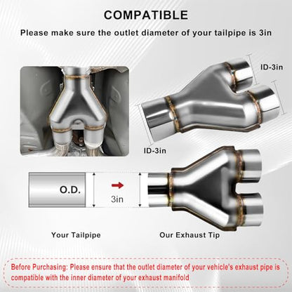 Mupera 3 Inch Exhaust Y Pipe, Stainless Steel 3" Single to 3" Dual Exhaust - size: 3" Inlet 3" Outlet 10" LengthY Silver