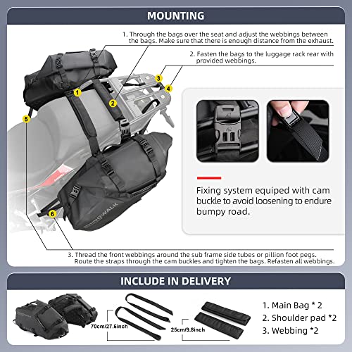 Rhinowalk Motorcycle Saddlebags 48L(24L*2) Waterproof Motorbike Side Bags, Travel Luggage Panniers with Shoulder Strap for Adventure & Sport Motorcycle Racks, 1 Pair - size: 48L Black