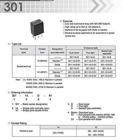 Automotive Purpose Relays 301-1C-C-R1-U01-12VDC 5 PIN (4Pack) - size: 4Pack-12VDC-U01