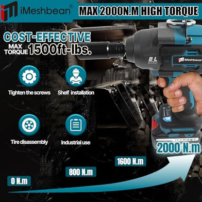 iMeshbean Cordless Impact Wrench,2000Nm(1549ft-lbs) High Torque 1/2" Brushless Impact Gun,21V Power Impact Driver Variable Speeds with 2 x 5.5Ah Battery for Heavy Duty Car Tire Truck Mower, RV