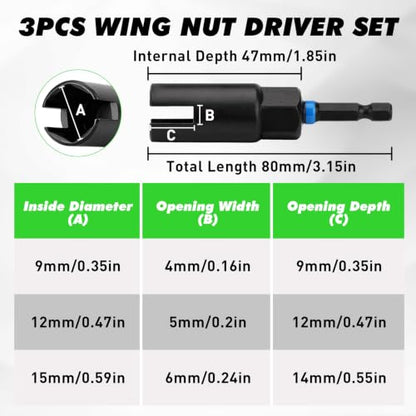 3-Piece Wing Nut Driver Set, 9mm, 12mm, 15mm, 1/4 Inch Hex Shank Power Nuts Driver Bit, Wing Nut Socket for Eye Bolt, Hook Bolt Installation, Wire Twisting - color: Wing Nut Driver Set Black