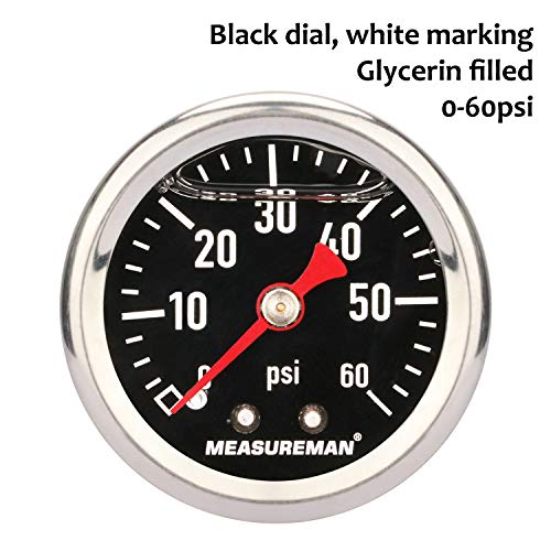 MEASUREMAN Fuel Pressure Gauge 0-60psi 1.5" Dial, 1/8" NPT Back, Stainless Steel Case, Brass Inside, Glycerin Filled, Black Dial - size: 0-60 psi, style: Back Mount (Black Dial)