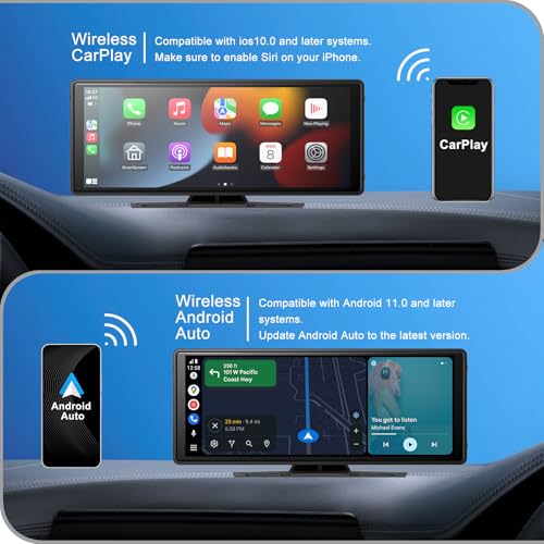10" Wireless CarPlay Screen for Car Android Auto Portable Car Stereo Touch Screen AirPlay, Car Play, GPS Navigation, Bluetooth, Voice Control, Mirror Link