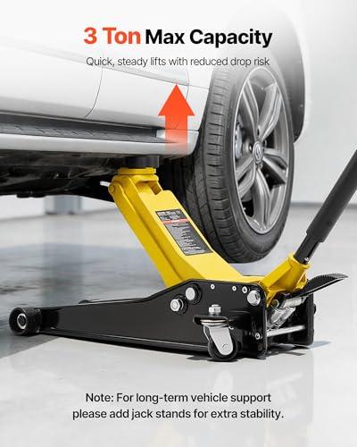 VEVOR Low Profile Floor Jack, 3 Ton (6614 lbs) Capacity, Steel Racing Floor Jack with Dual Pistons Quick Lift Pump & SUV Adapter, Hydraulic Trolley Car Lift for Sports Cars, Lifting Range 2.95"-19.7"