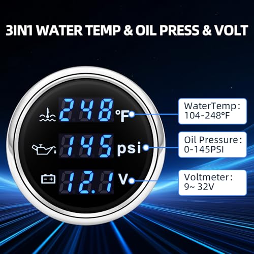 MH Triple Gauge Set - Water Temp (104°F-248°F), Oil Pressure (0-145PSI), Voltmeter (9-32V), Blue Backlight AUTO Gauge with Sensors 2" 52mm 3-in-1 Boat Marine Meter Kit (Black and Silver) - color: Black and Silver