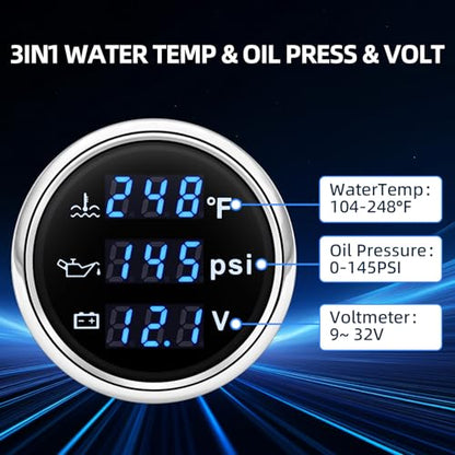 MH Triple Gauge Set - Water Temp (104°F-248°F), Oil Pressure (0-145PSI), Voltmeter (9-32V), Blue Backlight AUTO Gauge with Sensors 2" 52mm 3-in-1 Boat Marine Meter Kit (Black and Silver) - color: Black and Silver