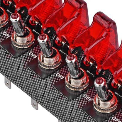 8 LED Racing Car Toggle Switch Panel 12V DC, Carbon Fiber Coated Aluminum Plate, Safety Cover Protection, Suitable for car, Truck, Ship Modification (8 Red Switches) - color: Red