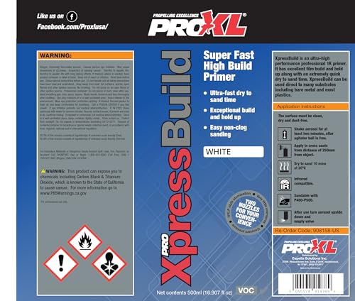 ProXL XpressBuild Super High Build White Primer Aerosol - 500 ml | Ultra Fast-Drying White Primer Filler | Fills Scratches & Sanding Marks | Excellent Adhesion on Metal & Plastic | Sandable in 20 Minutes | Vari-Nozzle Included