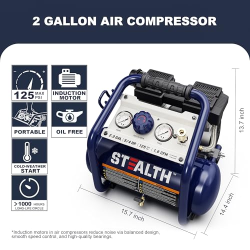 Stealth Air Compressor 2 Gallon, 3/4 HP Oil-Free Compressor, Less than 60dB Ultra Quiet Electric Air Compressor,Max 125 PSI Pressure for Tire Inflation,Nailing,Home DIY Project(SAQ-1234) - style: SAQ-1234
