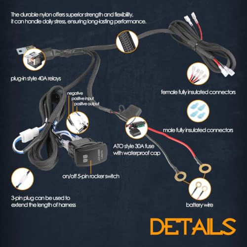 Nirider Wiring Harness 2 Lead, 12V 40A Rocker Switch Relay Fuse Nylon Wiring Harness Kit for LED Light Bars Fog Lights Work Lights Driving Lights Offroad LED Pods Wire Kit for Truck UTV ATV Boat