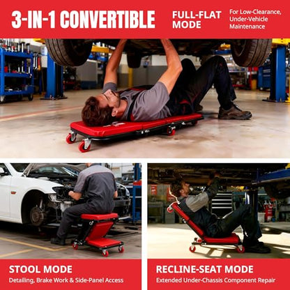 MaxWorks 3-in-1 Rolling Garage Creeper Seat, 36 Inch Z Stool with 6 Wheels, 300 lbs Capacity, Adjustable Folding Mechanic Chair for Auto Repair, Automotive Tools (51247)