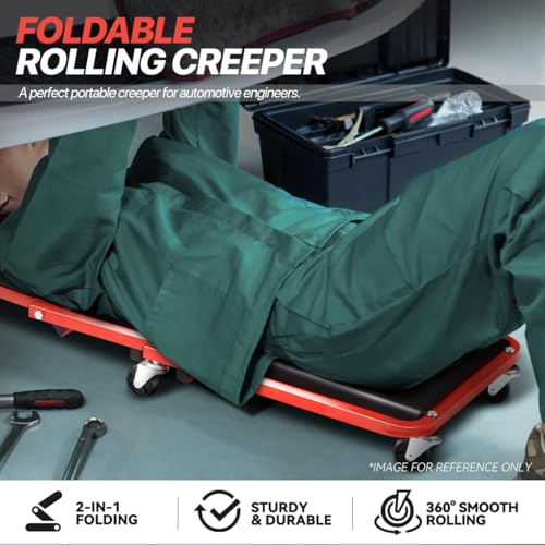 Foldable Rolling 2-in-1 Z Creeper & Seat, 36" Low-Profile Roller Mechanics Under Car Chair, 330 LBS Weight Capacity with 6 Swivel Casters - color: Red Black, size: 36 Inch Length