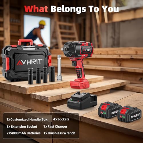 Cordless Impact Wrench 1/2", 1106Ft-lbs(1500N.m) with 2 Batteries - color: Red