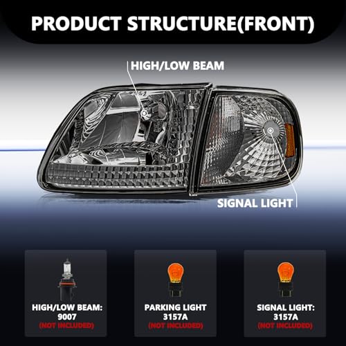 Aosky Halogen Headlights Assembly for 1997-03 Ford F150 Expedition - color: Smoke / Amber, style: w/o Bulbs