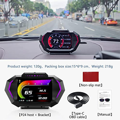 AZIJYV Obd2 Gauge Display with Speed, Heads Up Display for Cars P24, Fuel Consumption, RPM, Overspeed Alarm, OBD+GPS Digital Speedometer Suitable for All Car