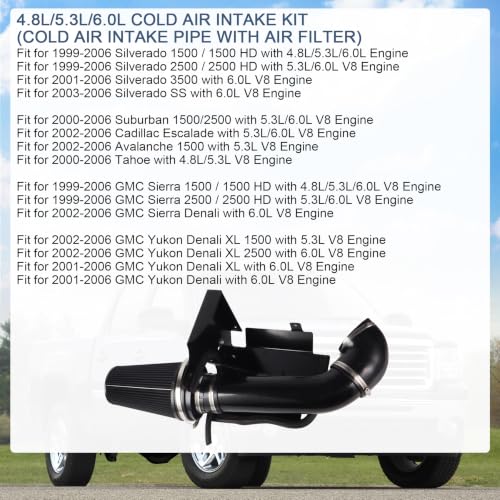 4" Cold Air Intake Kit with Heat Shield Replacement For Silverado 1500/2500/3500 1999-2006 for GMC/Chevy Sierra V8 4.8L/5.3L/6.0L 1999 2000 2001 2002 2003 2004 2005 2006 (Black & Black) - color: Black & Black